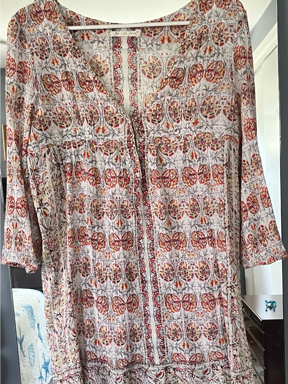 Joie A La Plage Beach Cover Up Tunic Beaded Neckline Batik Boho